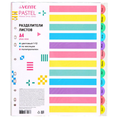 Разделители по месяцам Январь-Декабрь A4+ пластиковые цветные deVENTE 'Pastel' с титульным листом