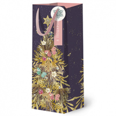 Пакет подарочный новогодний бутылочный 12х36х10см Лакарт Lux