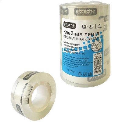 Клейкая лента 0.015х33м/1" Attache Selection кристально-прозрачная&nbsp;&nbsp;4рул