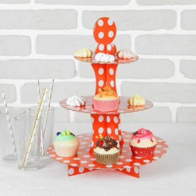 Подставка для кондитерских изделий 3 яруса 30х30см картон Горох красная