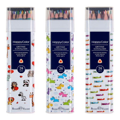 Карандаши  24цв BrunoVisconti® HappyColor трехгранные в металлической тубе 3 дизайна