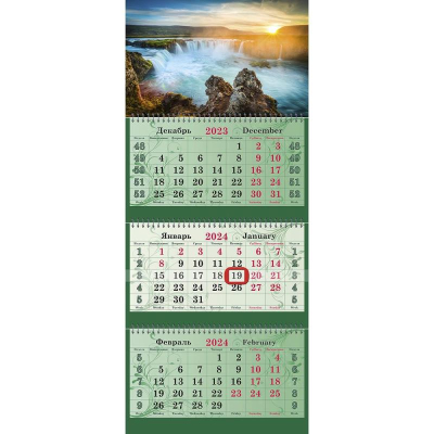 Календарь настенный 2024 квартальный 3-блочный 34х81см Супер премиум с магнитным курсором 'Водопад' на гребне