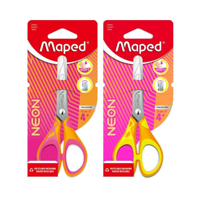 Ножницы детские 13см Maped 'Essentials' 'Soft' 'Neon' с резиновыми вставками и закругленными концами 2 дизайна в блистере