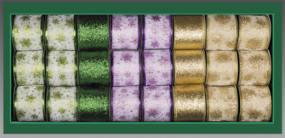 Лента  65мм х5м для декорирования шампань зеленая прозрачно-белая с фиолетовыми снежинками