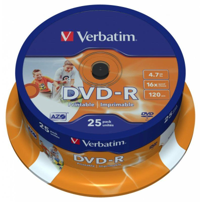 Диск DVD-R 4.7Gb 16X Verbatim Azo Printable  25шт Cake box