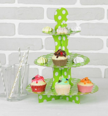 Подставка для кондитерских изделий 3 яруса 30х30см картон Горох зеленая