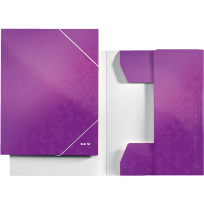 Папка с 2-я резиновыми застежками картонная A4 до 250л с 3 клапанами Leitz глянцевая WOW фиолетовая