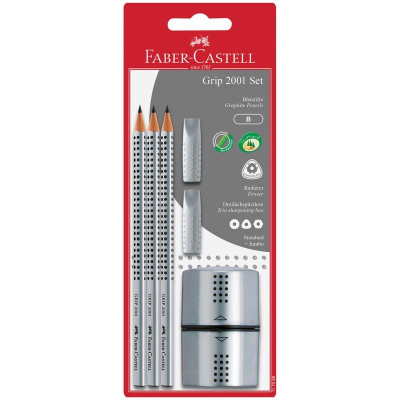Набор Faber-Castell Grip 2001  3 карандаша B +точилка +2 ластика-колпачка в блистере