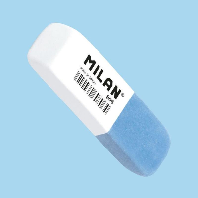 Ластик каучуковый для карандаша и чернил Milan 70х22х10мм бело-синий