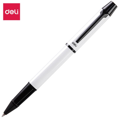 Роллер Deli 'S153' 0.5мм металлический белый корпус +стержень в футляре черные чернила