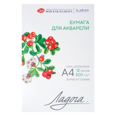 Бумага для акварели A4 210х297мм Ладога 200г целлюлоза 100% 12л в папке