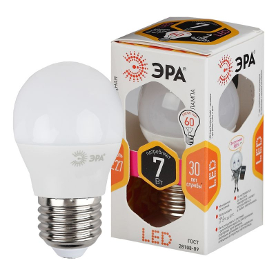 Лампа LED E27   7W/220V ЭРА STD-P45  2700K теплый белый свет