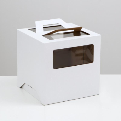 Коробка для торта 24х24х24см с окнами белая с ручками