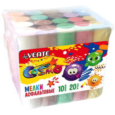 Мел для асфальта 10цв 20шт deVENTE 'Cosmo' 10х2.5см в пластиковом ведре