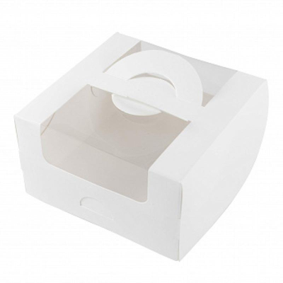 Коробка для торта Бенто 14х14х8см с окнами белая с ручками