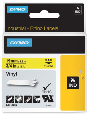 Картридж ленточный Dymo® Rhino 19мм х5.5м виниловый черный шрифт/желтый фон