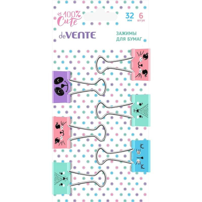 Зажимы для бумаг 32мм  6шт deVENTE цветные 'Cute' 6 дизайнов в блистере