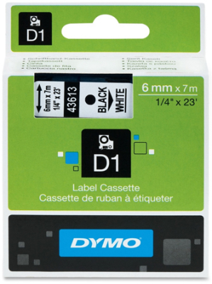 Картридж ленточный Dymo® D1   6мм х7м пластик черный шрифт/белый фон 43613