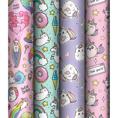 Бумага упаковочная глянцевая MESHU&nbsp;&nbsp;70х100см 'Unicorn'&nbsp;&nbsp;4 дизайна ассорти