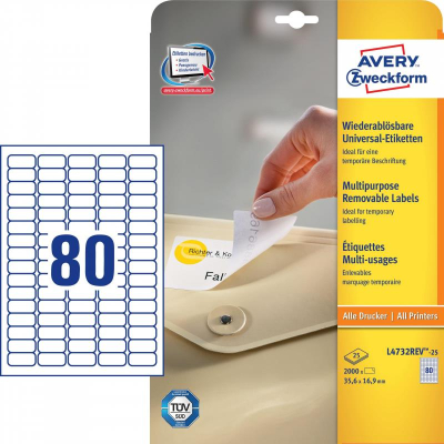Этикетки самоклеящиеся бумажные удаляемые Avery-Zweckform  80шт/A4  35.6х16.9мм I/L/CL/C белые 25л многоразовые
