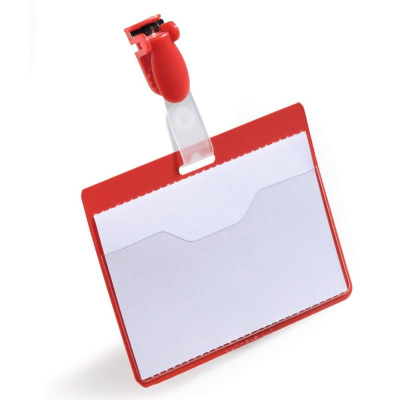 Держатель для бэйджа/ID-карты горизонтальный&nbsp;&nbsp;90х60мм Durable с клипом для посетителей красный