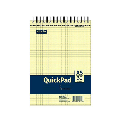 Блокнот A5  60л клетка на гребне Attache Selection 'QuickPad' желтые листы микроперфорация