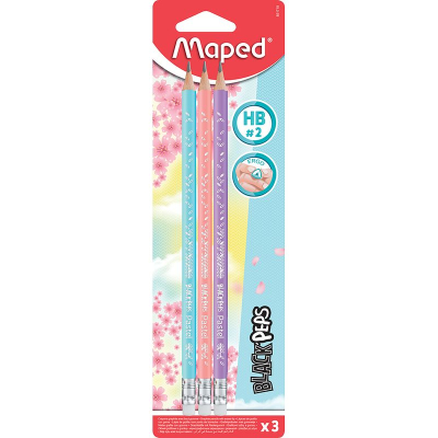 Карандаш Maped Black'Peps  Pastel HB трехгранный корпус с ластиком  3шт в блистере 3 дизайна