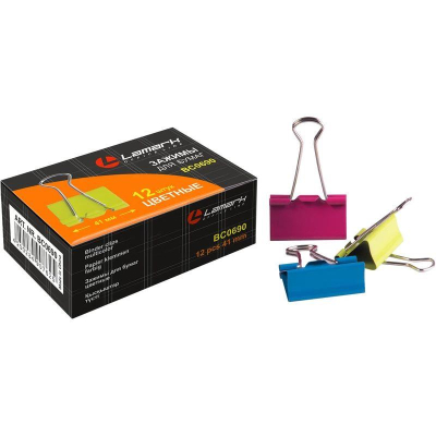 Зажимы для бумаг 41мм 12шт Lamark цветные в картонной коробке