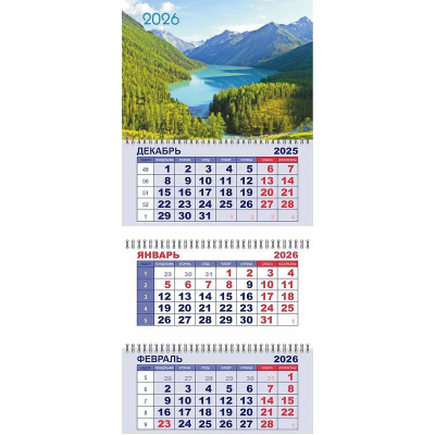 Календарь настенный 2026 квартальный 3-блочный 29х65см Lamark 'Голубое озеро' на гребне
