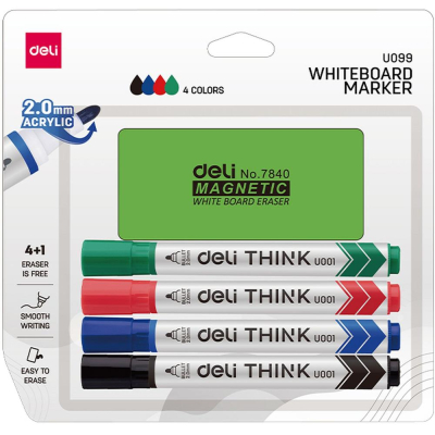 Маркеры для доски +губка Deli 'Think' круглые&nbsp;&nbsp;2.0мм&nbsp;&nbsp;4цв в блистере