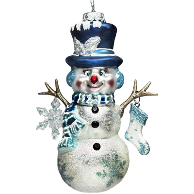 Снеговик руки-веточки голубой цилиндр 10.5х5х15см стекло