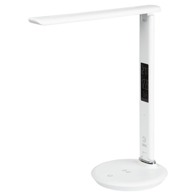 Светильник настольный LED 10W ЭРА выбор цветовой температуры 3000-6000K Qi-зарядка часы будильник термометр на подставке белый