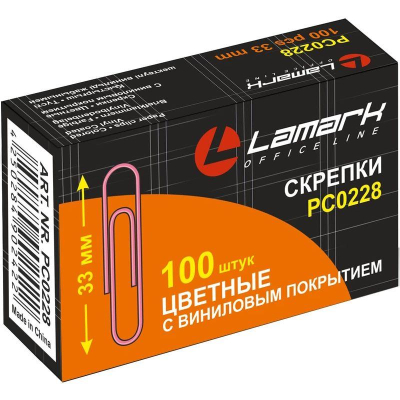 Скрепки 33мм&nbsp;&nbsp;100шт Lamark цветные с пластиковым покрытием в картонной коробке