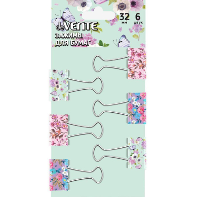 Зажимы для бумаг 32мм&nbsp;&nbsp;6шт deVENTE цветные 'Flowers' 6 дизайнов в блистере