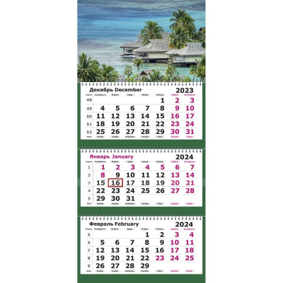 Календарь настенный 2024 квартальный 3-блочный 30х67см 'Бунгало' на гребне