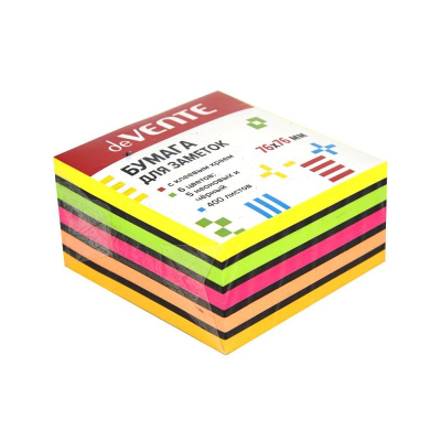 Липкий блок  76х 76мм deVENTE 400л  6 цветов 'Неоновая радуга + черный'