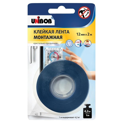 Монтажная лента 2-сторонняя 0.012х2.0м UNIBOB® нагрузка до 2.4кг/метр кристально-прозрачная в блистере