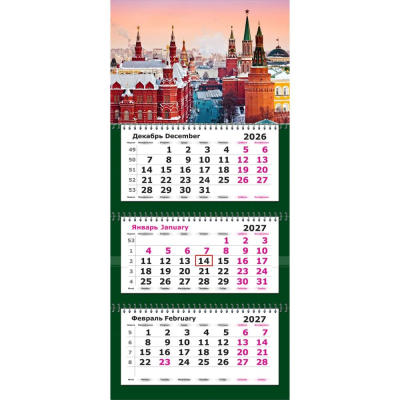Календарь настенный 2027 квартальный 3-блочный 33х71см Премиум 'Москва' на гребне