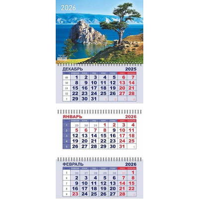 Календарь настенный 2026 квартальный 3-блочный 29х65см Lamark 'Байкал летом' на гребне