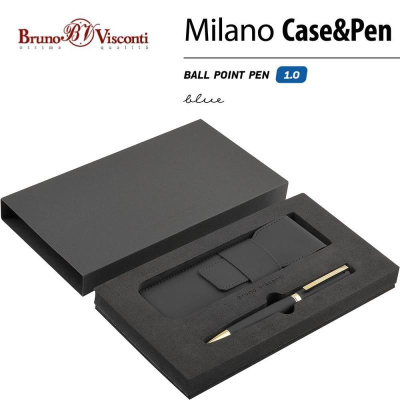 Ручка шариковая BrunoVisconti® 'Milano' 1.0мм металлический Soft touch корпус черный/золото +чехол из экокожи синие чернила
