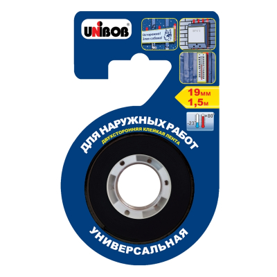Монтажная лента 2-сторонняя 0.019х1.5м UNIBOB® нагрузка до 2.5кг/метр для наружных работ черная