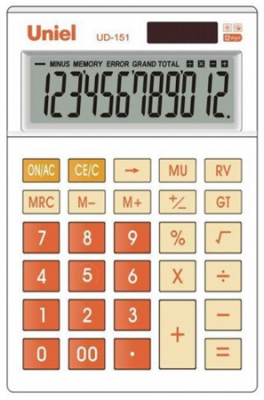 Калькулятор настольный Uniel 12 разрядов DP GT 100х147x35мм оранжевые кнопки белый корпус 108г