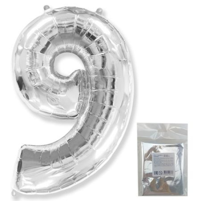 Шар воздушный фольгированный Цифра '9' серебрянный Flex Metal 102см