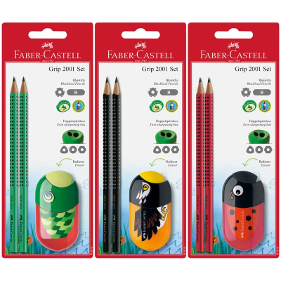 Набор Faber-Castell Grip 2001  2 карандаша B +точилка с ластиком 3 дизайна 'Animals' ассорти в блист