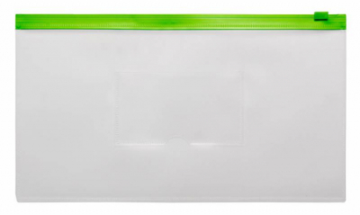 Папка-конверт на молнии DL 26х14см Бюрократ с карманом для визитки пластиковая 150мк прозрачная зеленая молния