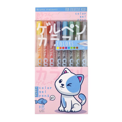 Ручки гелевые BrunoVisconti®  8цв 0.5мм 'UniWrite' Colors 'Kawaii animals' в пластиковой коробке