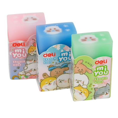 Ластик пластиковый для карандаша Deli 'MiYou'  40х22х12мм с картонным держателем 3 дизайна