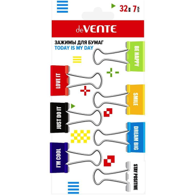Зажимы для бумаг 32мм&nbsp;&nbsp;7шт deVENTE цветные 'Today is my day' 7 дизайнов в блистере