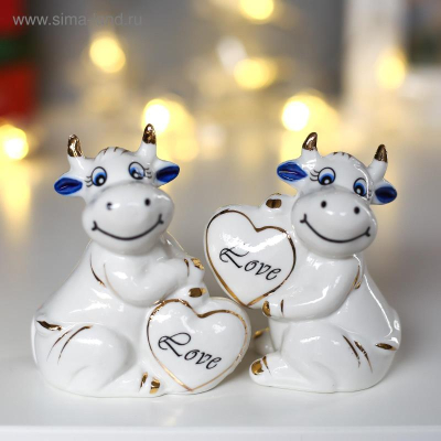 Сувенир новогодний 'Белые бычки с сердечками' керамика 2шт 8х7.5х4.5см