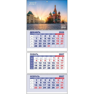Календарь настенный 2027 квартальный 3-блочный 29х65см Lamark 'Москва. Храм Василия Блаженного' на гребне